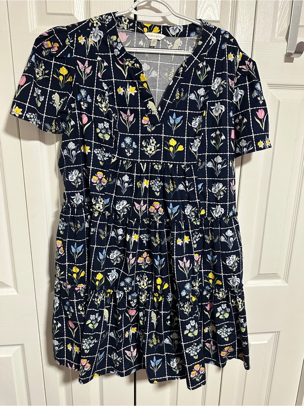 Navy Floral Tiered Dress - Pink, Yellow & Blue Accents